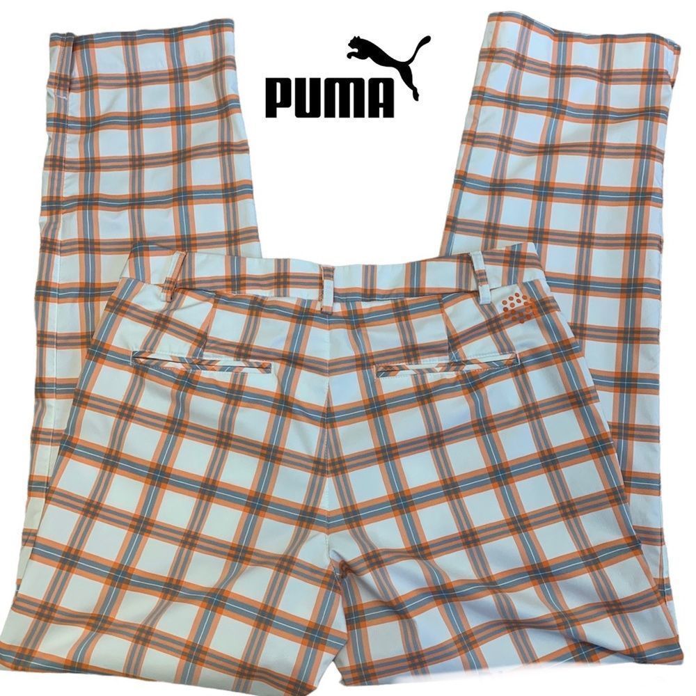 Puma White, Orange & Brown Plaid Straight Leg Golf Pants